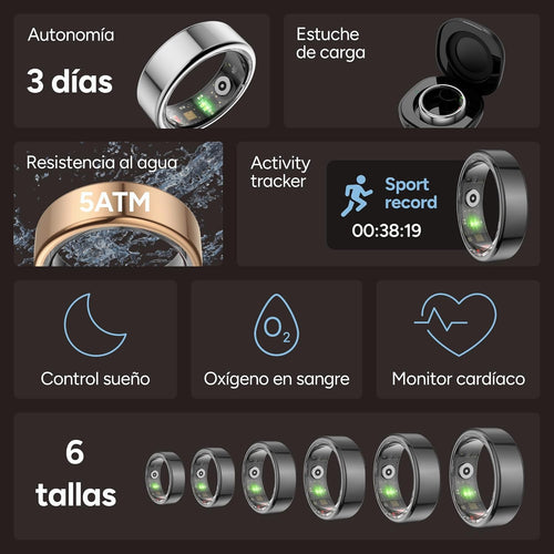 KSIX - Anello Intelligente per Uomo E Donna Con Monitoraggio Delle Attività, Passi E Calorie, Smart Ring Che Misura Ossigeno Nel Sangue, Cardiofrequenzimetro, Controllo Del Sonno, Anello Impermeabile