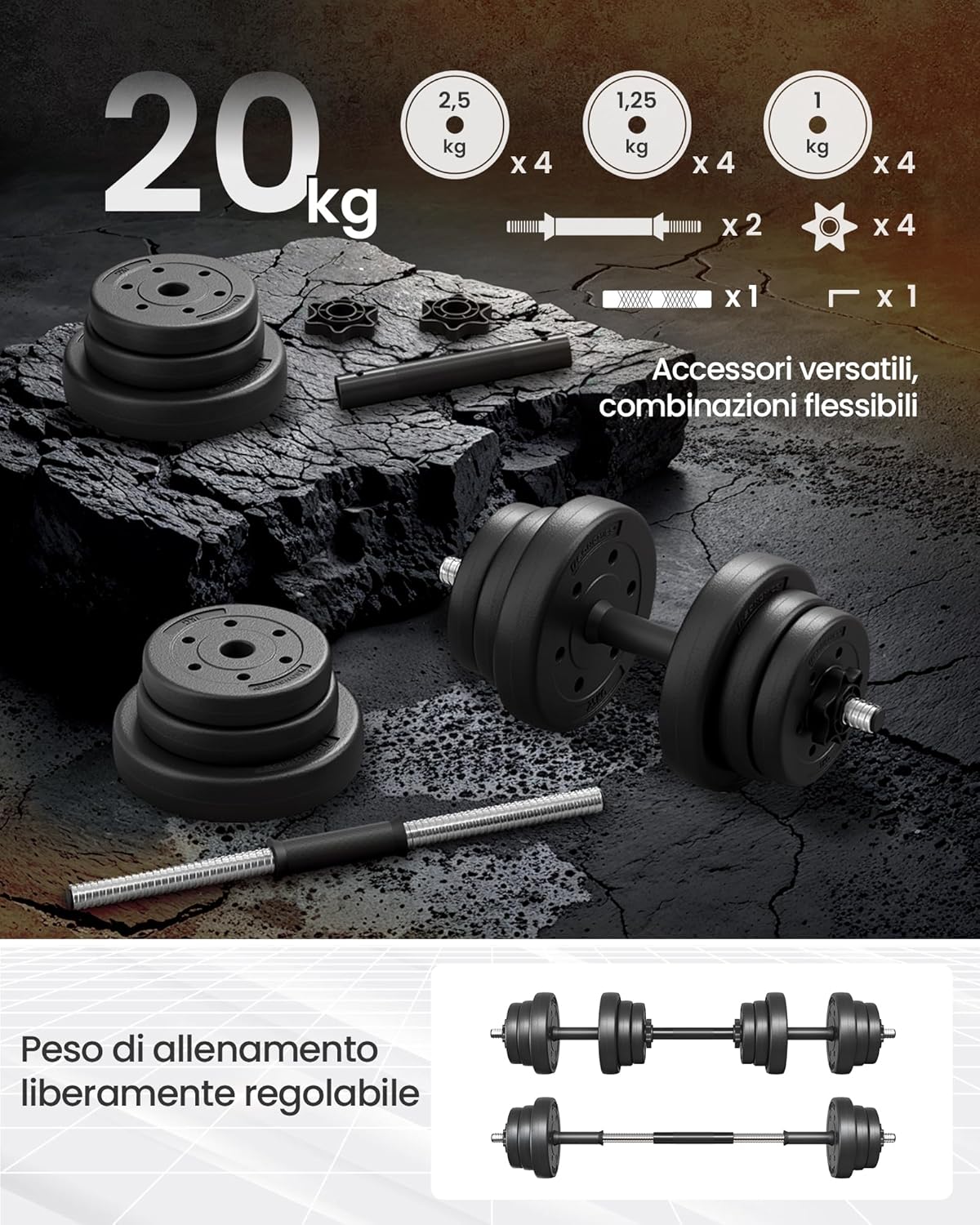 Manubri 2 in 1, Set Di Bilanciere Corto, Con Tubo Di Collegamento in Acciaio, Allenamento, Fitness, Sollevamento Pesi per Casa, Palestra